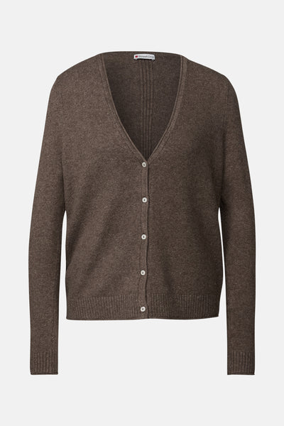Cardigan marron en tricot de Street One, avec une encolure en V et une fermeture boutonnée sur le devant.