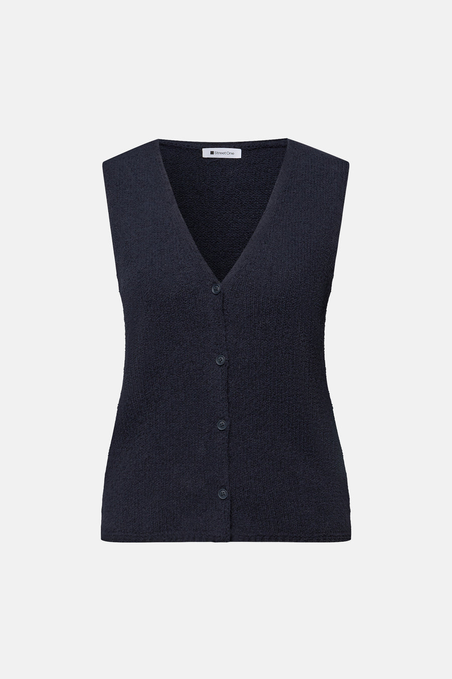 Blauwe tanktop van STREET ONE met een bouclétextuur en knoopsluiting.
