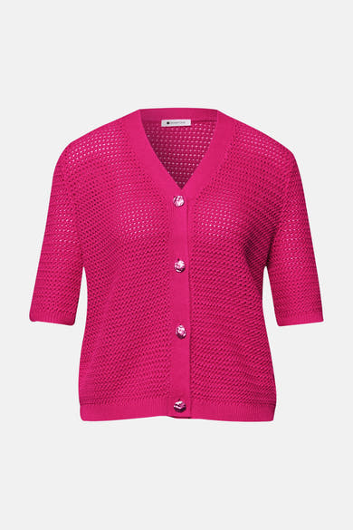 Roze vest van STREET ONE in opengebreide stof met V-hals, 3/4 mouwen en parelmoeren knopen.