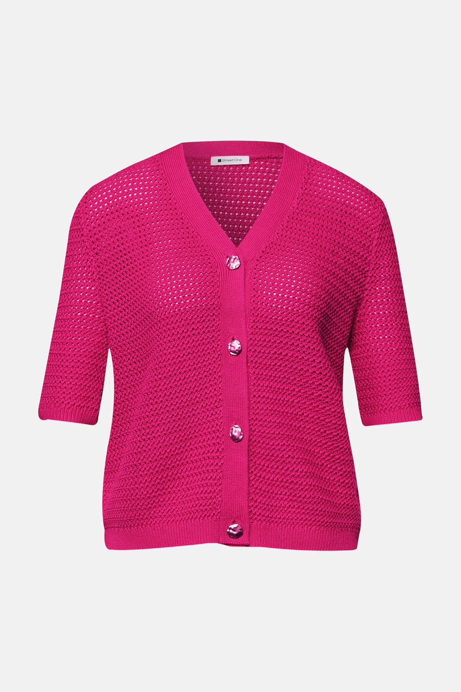 Roze vest van STREET ONE in opengebreide stof met V-hals, 3/4 mouwen en parelmoeren knopen.