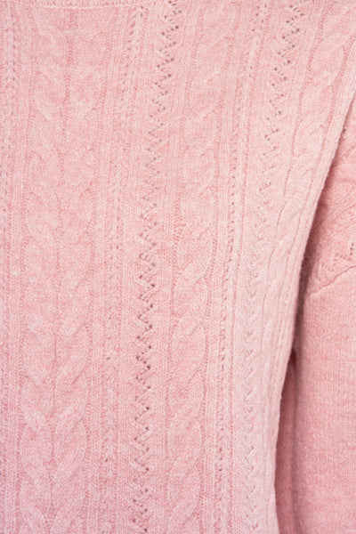 Pull à col rond rose de Street One, avec motif torsadé et ajouré, texture douce.
