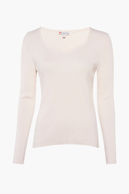 Beige trui met ronde hals van Street One, in fijne ribgebreide stof en lange mouwen.