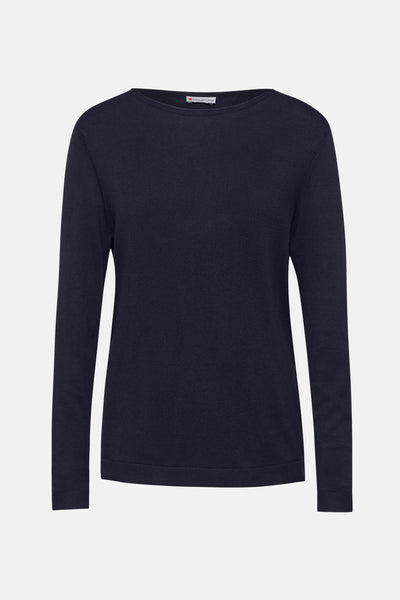 Pull à col rond bleu foncé de STREET ONE, en tricot côtelé fin, présenté sur fond clair.