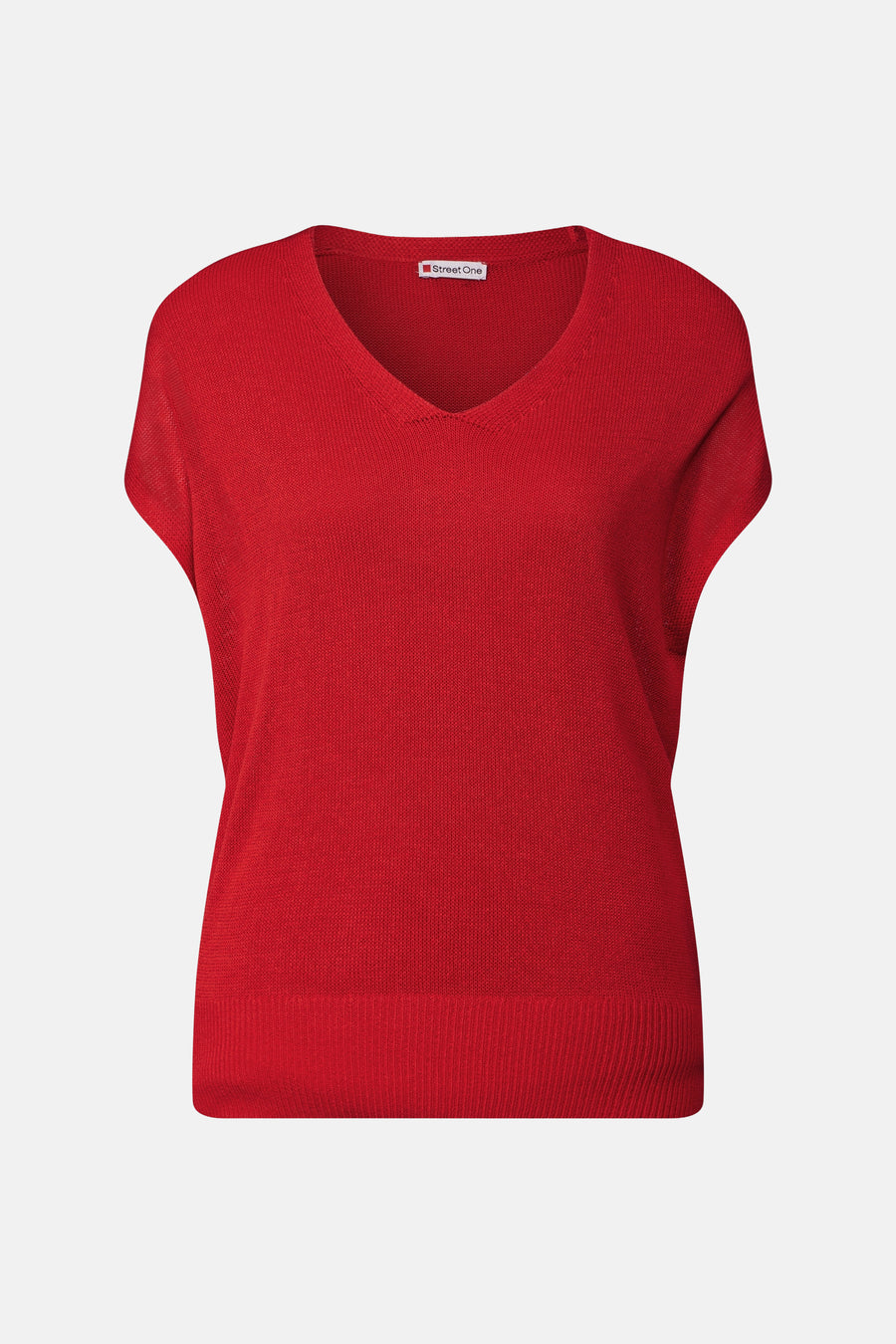 Top uni rouge à manches courtes de Street One, en maille fine avec un col en V.