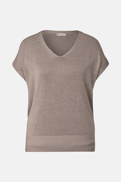 Top uni beige à manches courtes de Street One, en maille texturée avec encolure en V.