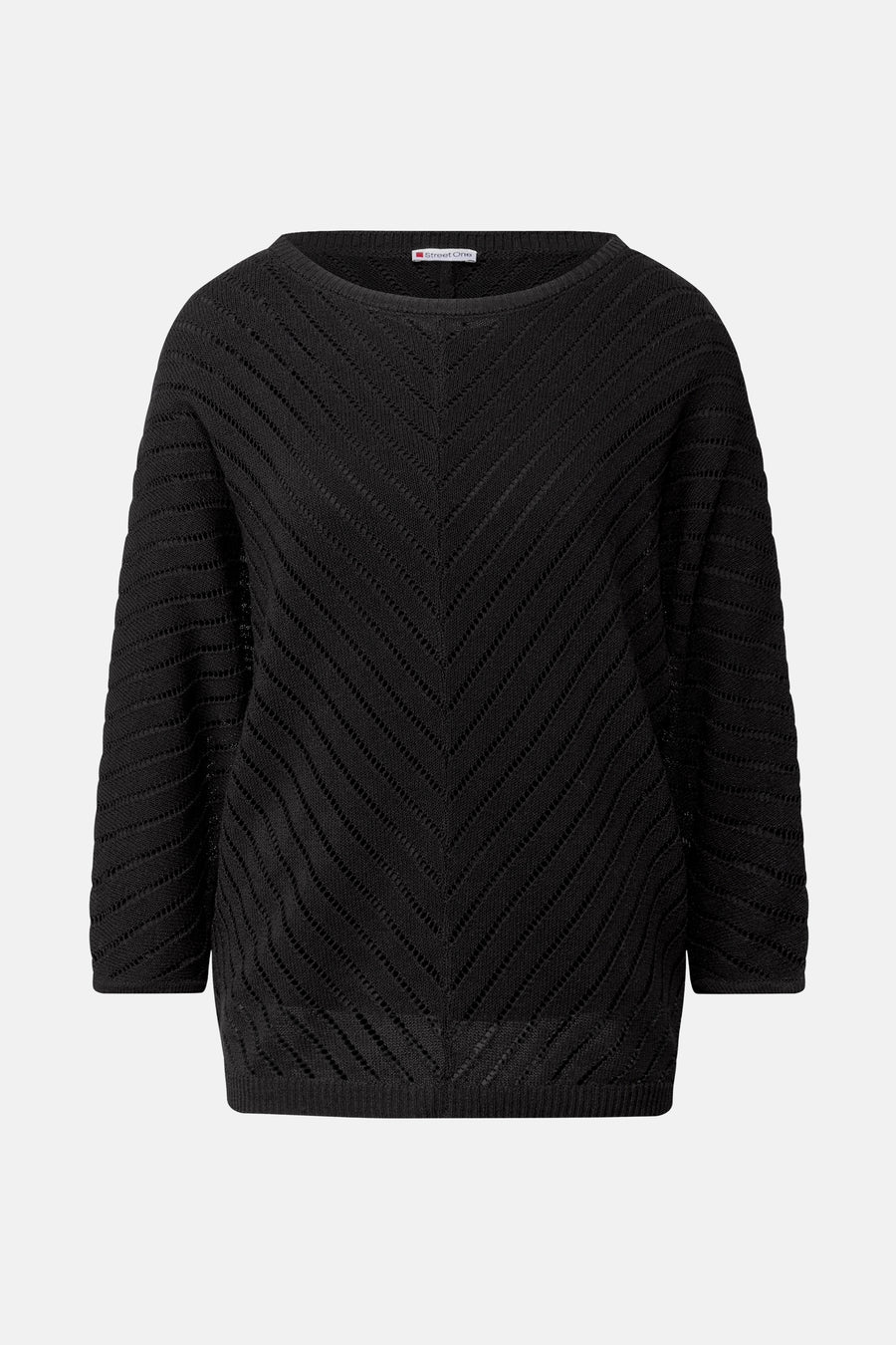 Pull col rond noir de STREET ONE, avec motif ajouré en chevron et manches trois-quarts.