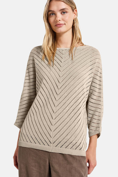 Beige ronde hals trui van Street One met chevronpatroon en driekwartmouwen.