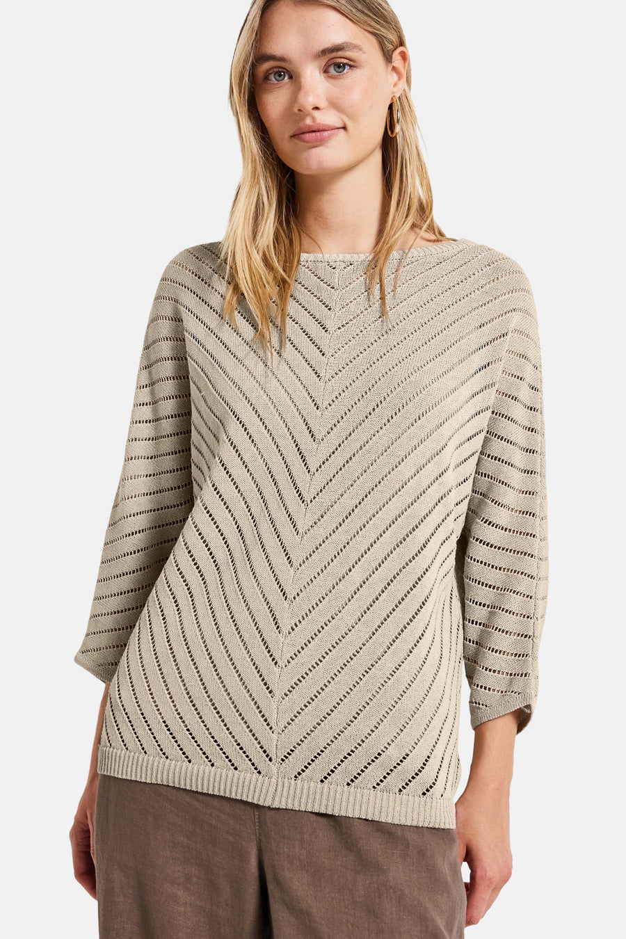Beige ronde hals trui van Street One met chevronpatroon en driekwartmouwen.