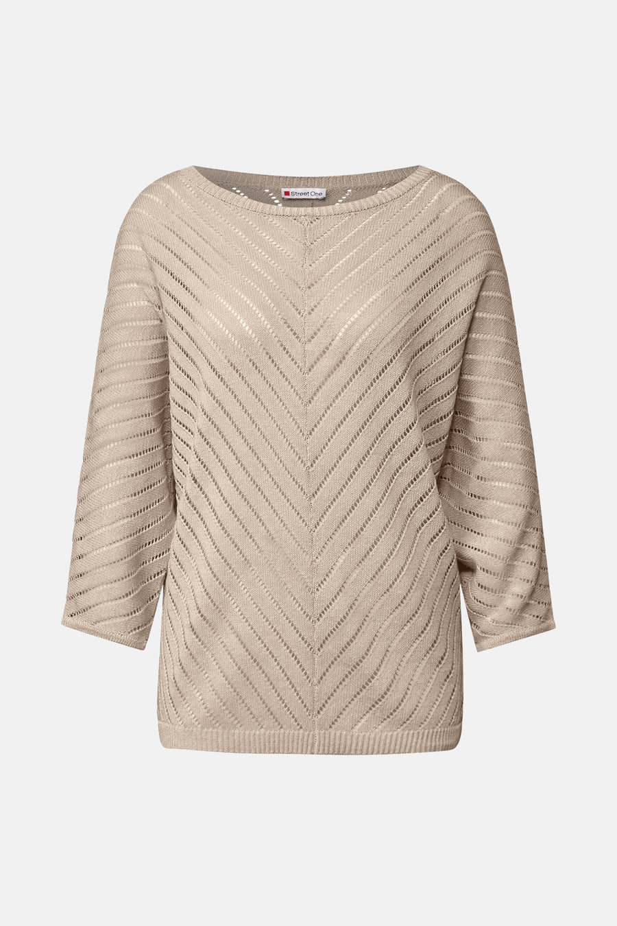 Beige ronde hals trui van Street One met chevron ajour patroon.