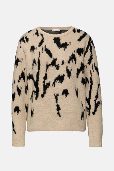 Beige rondehals trui met zwart abstract patroon van Street One, in pluizige stof.