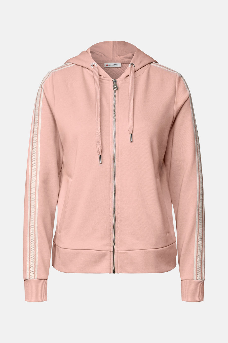 Roze sweatvest van Street One met capuchon en witte strepen op de mouwen.