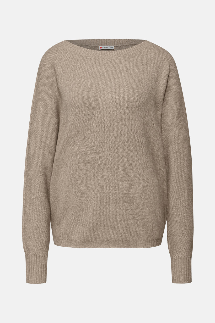 Beige ronde hals trui van Street One, in fijne ribgebreide stof, voor een neutrale achtergrond.