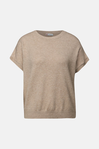 Beige ronde hals trui van Street One, in fijne textuur gebreid, met korte mouwen.