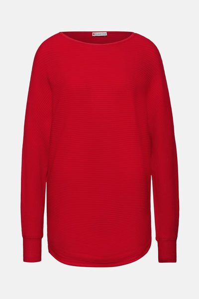 Ronde hals trui rood van STREET ONE, in horizontale ribgebreide stof, lange mouwen.