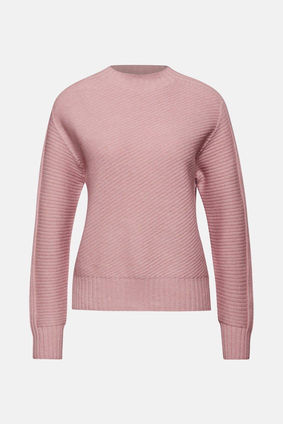 Pull col montant rose de STREET ONE avec une texture côtelée diagonale et des manches longues côtelées.
