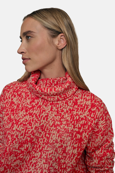Street One meerkleurige trui met opstaande kraag, met een textuurpatroon in rood en beige.
