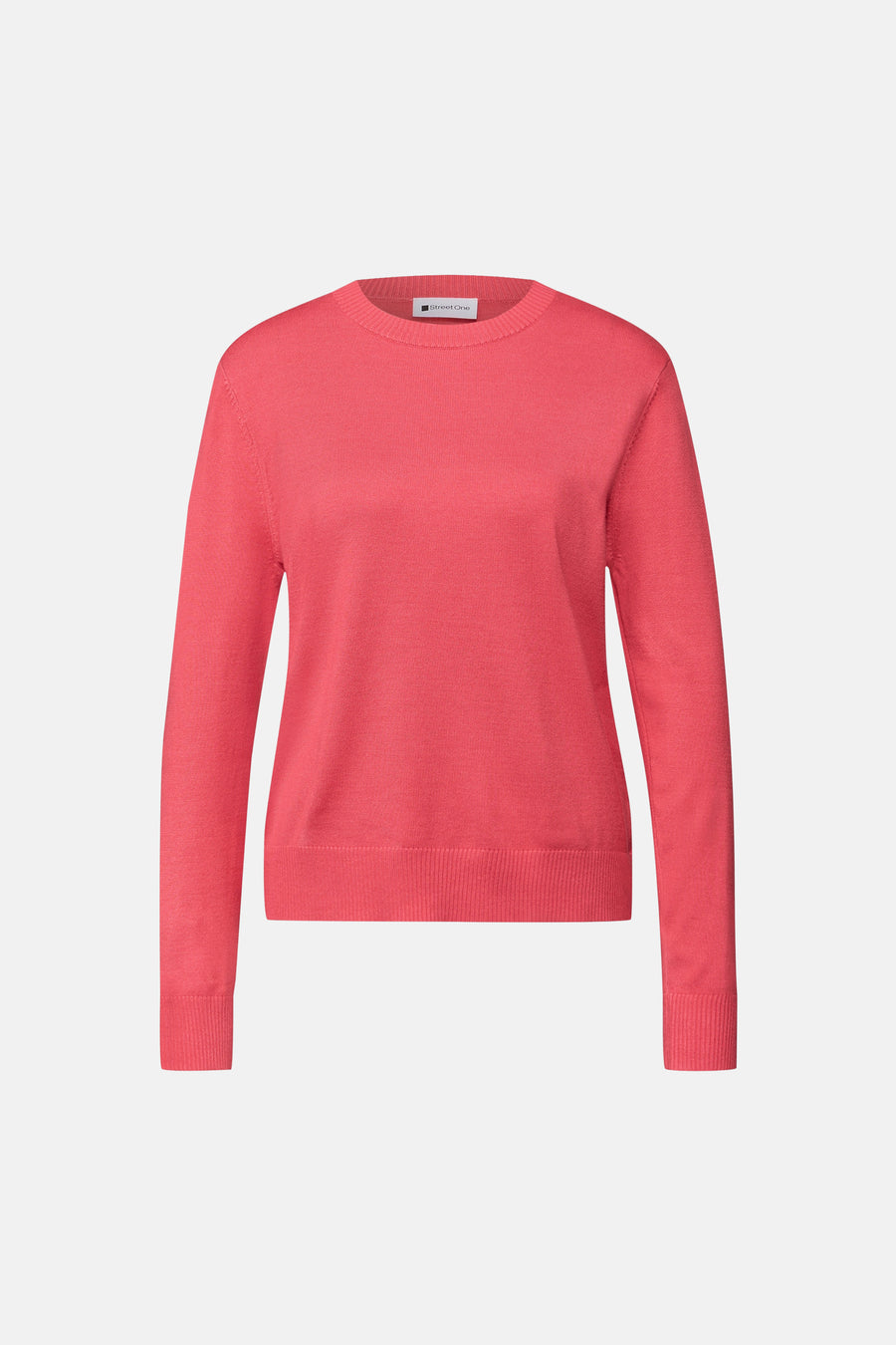 Ronde hals trui koraal van STREET ONE, in fijne gebreide stof, op een effen achtergrond.