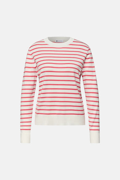 Pull à col rond en maille blanc rayé rouge de Street One, sur fond uni.
