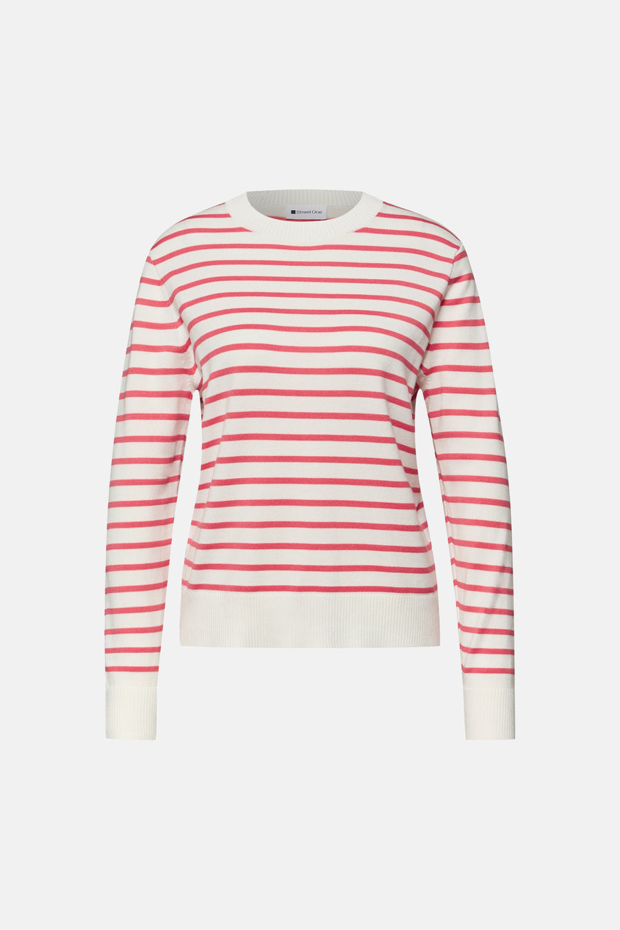 Pull à col rond en maille blanc rayé rouge de Street One, sur fond uni.
