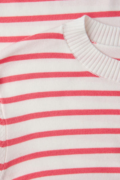 Pull à col rond rayé en maille, de STREET ONE, avec des rayures roses et blanches.
