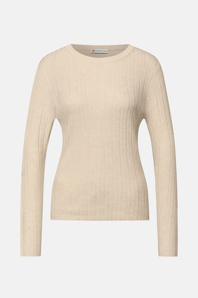Top à manches longues beige de Street One, en tricot côtelé fin.