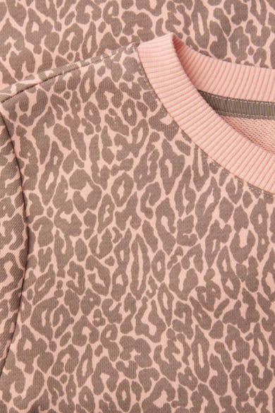 Multikleurige STREET ONE trui met luipaardprint en effen roze ronde hals.