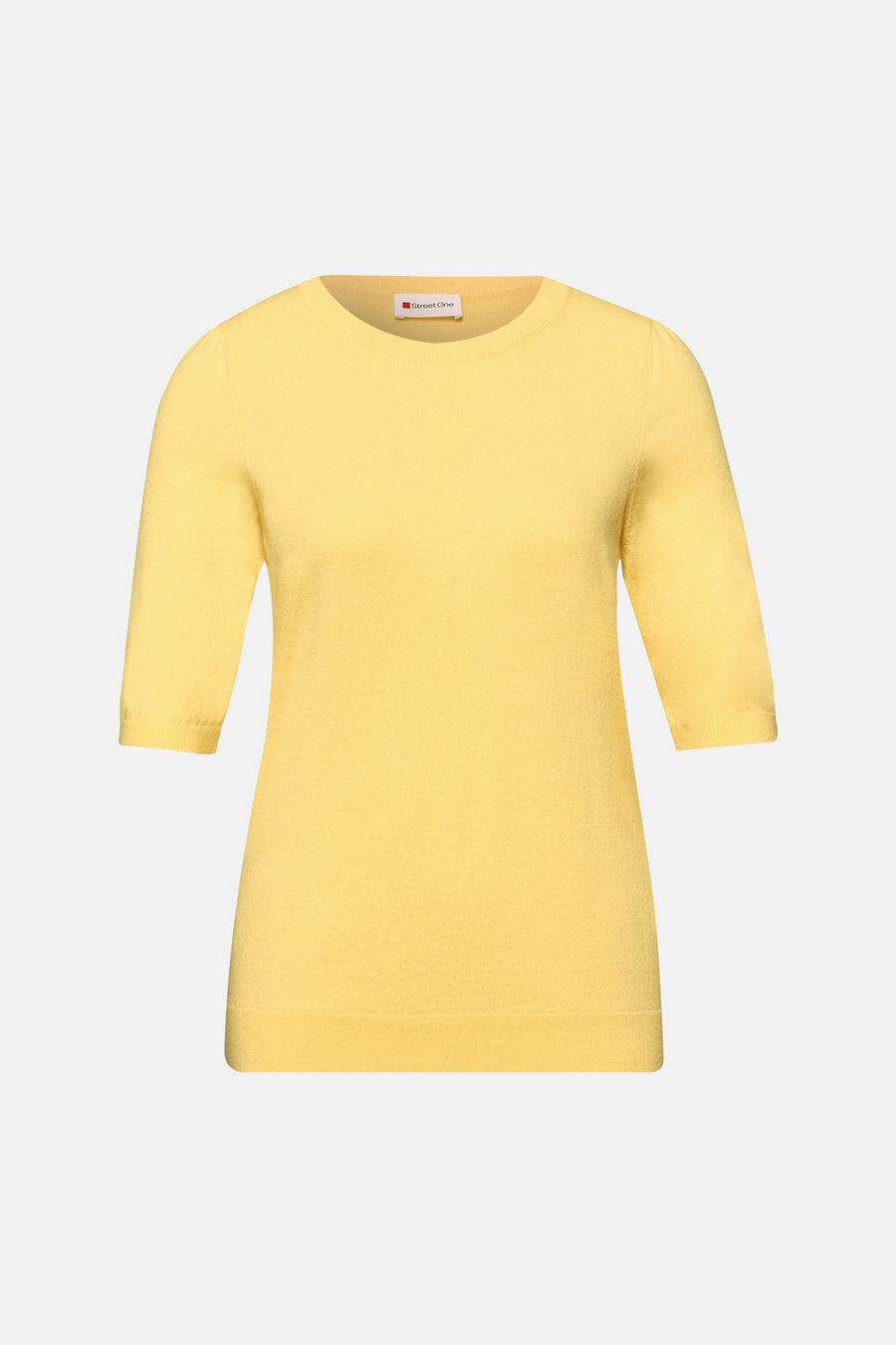 Pull col rond jaune par Street One, manches trois-quarts, sur fond uni.
