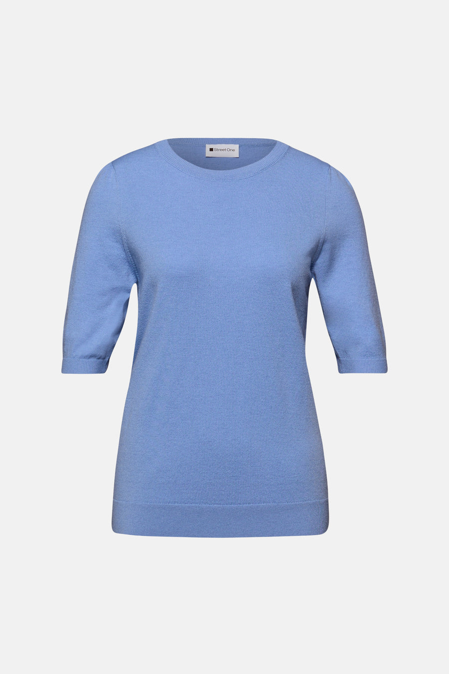 Ronde hals trui blauw van STREET ONE, driekwart mouwen in fijne brei.