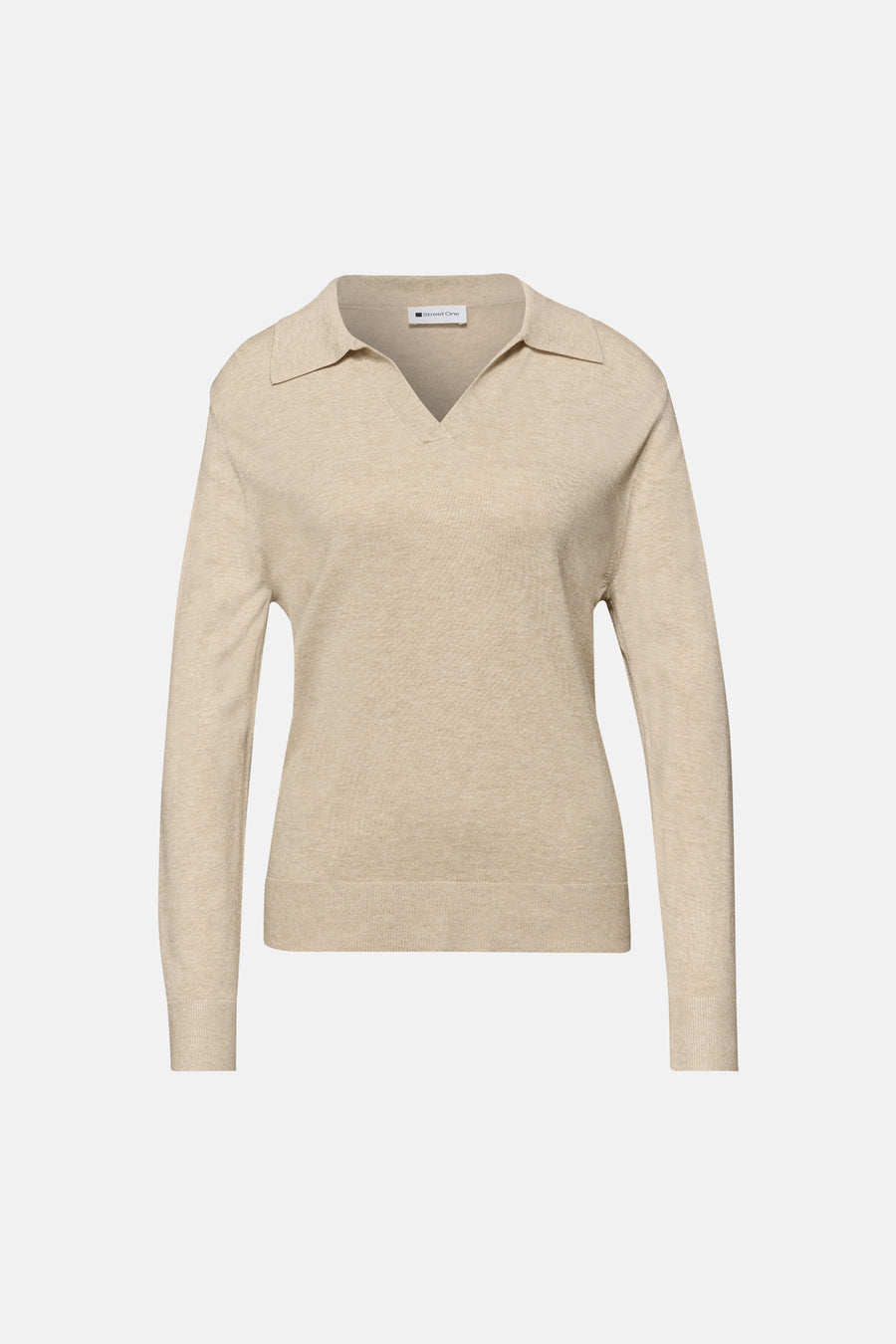 Beige poloshirt van tricot van STREET ONE, met klassieke kraag en lange mouwen.