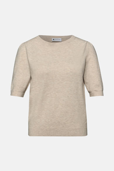 Beige rondehals trui van STREET ONE, met korte pofmouwen en een fijne breitekstuur.