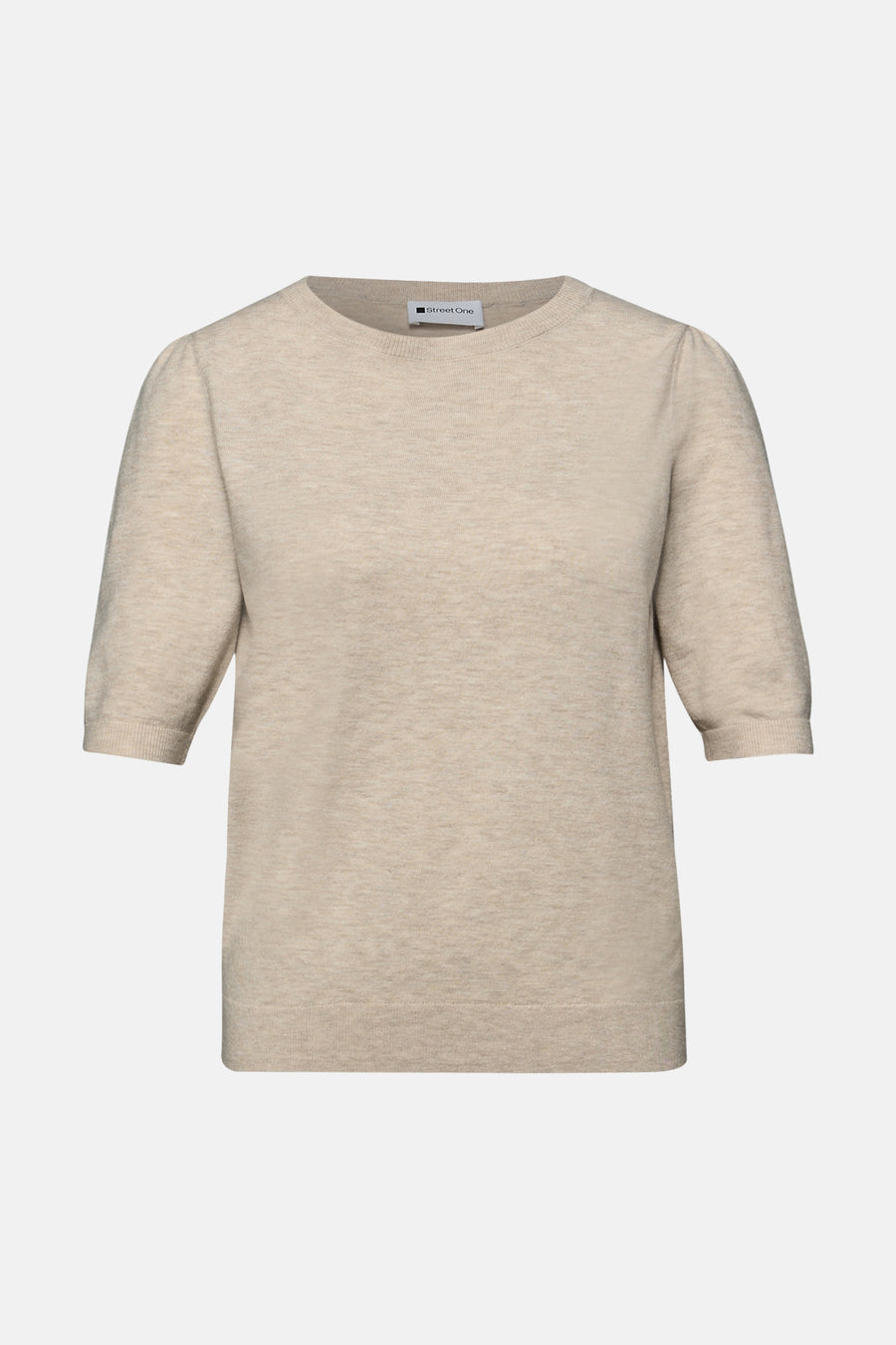 Beige rondehals trui van STREET ONE, met korte pofmouwen en een fijne breitekstuur.
