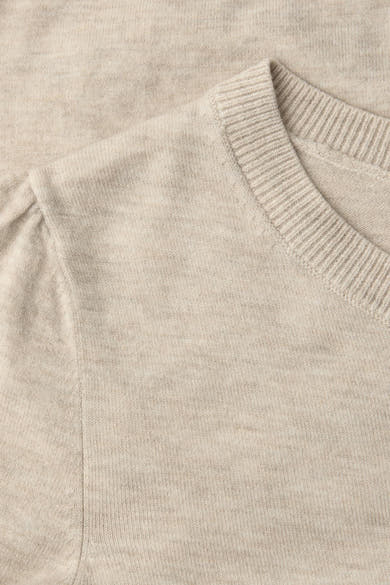 Beige ronde hals trui van STREET ONE met een geribbelde ronde hals en pofmouwen.