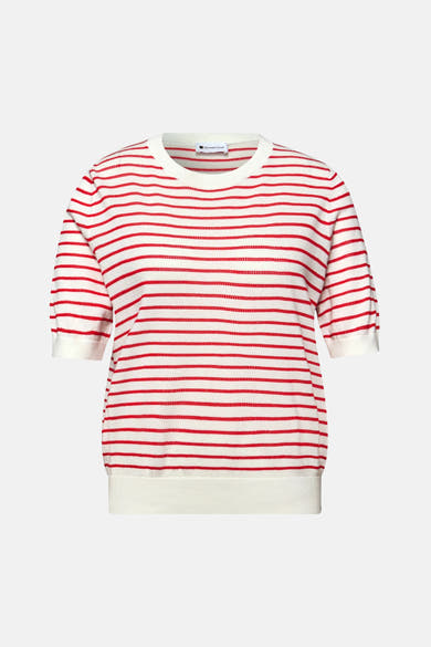 Pull multicolore col rond de Street One, à rayures horizontales rouges sur fond blanc cassé.