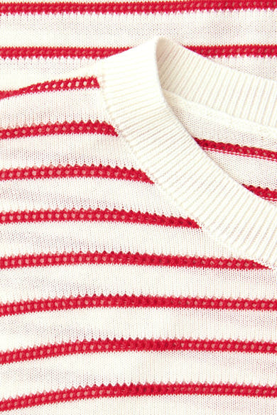 Pull col rond multicolore de Street One, avec des rayures horizontales rouges et blanches.