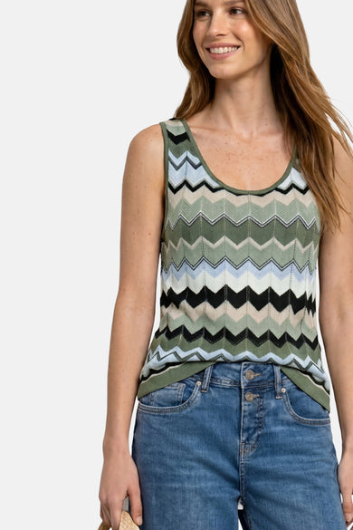 Multicolored zigzag-patterned knit tank top by STREET ONE, worn with blue jeans, front view