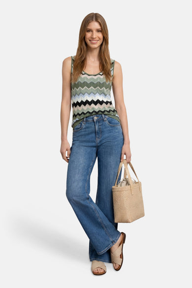 Multicolored zigzag-patterned tank top by STREET ONE, worn with blue flared jeans and beige sandals, full-length lifestyle view