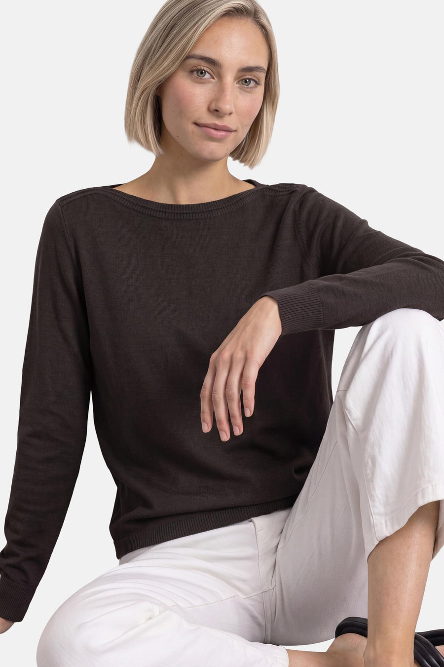 Brown crewneck sweater by STREET ONE, ribbed cuffs and hem, soft knit texture, worn with white pants, front view