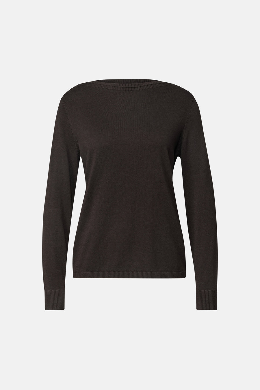 Brown round-neck sweater by STREET ONE, ribbed cuffs and hem, front view, textured knit fabric