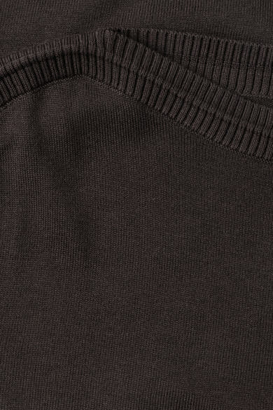 Brown crewneck sweater by STREET ONE, close-up showing ribbed neckline and fine knit texture.