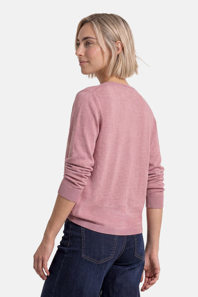 Rose pink round-neck sweater by STREET ONE, side view with ribbed cuffs and hem, worn with dark blue jeans.