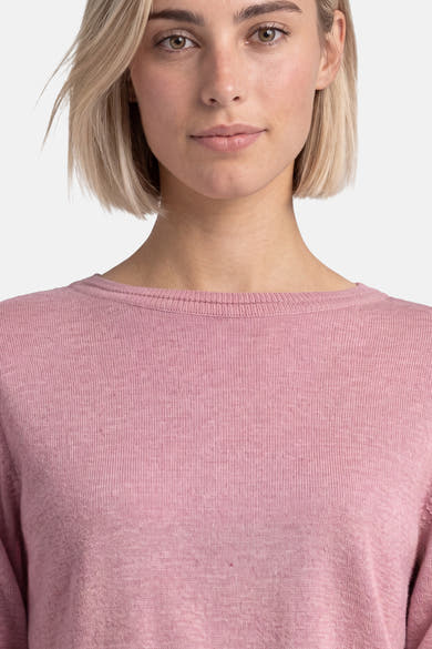 Rose pink crewneck sweater by STREET ONE, soft ribbed knit texture, close-up front view on model