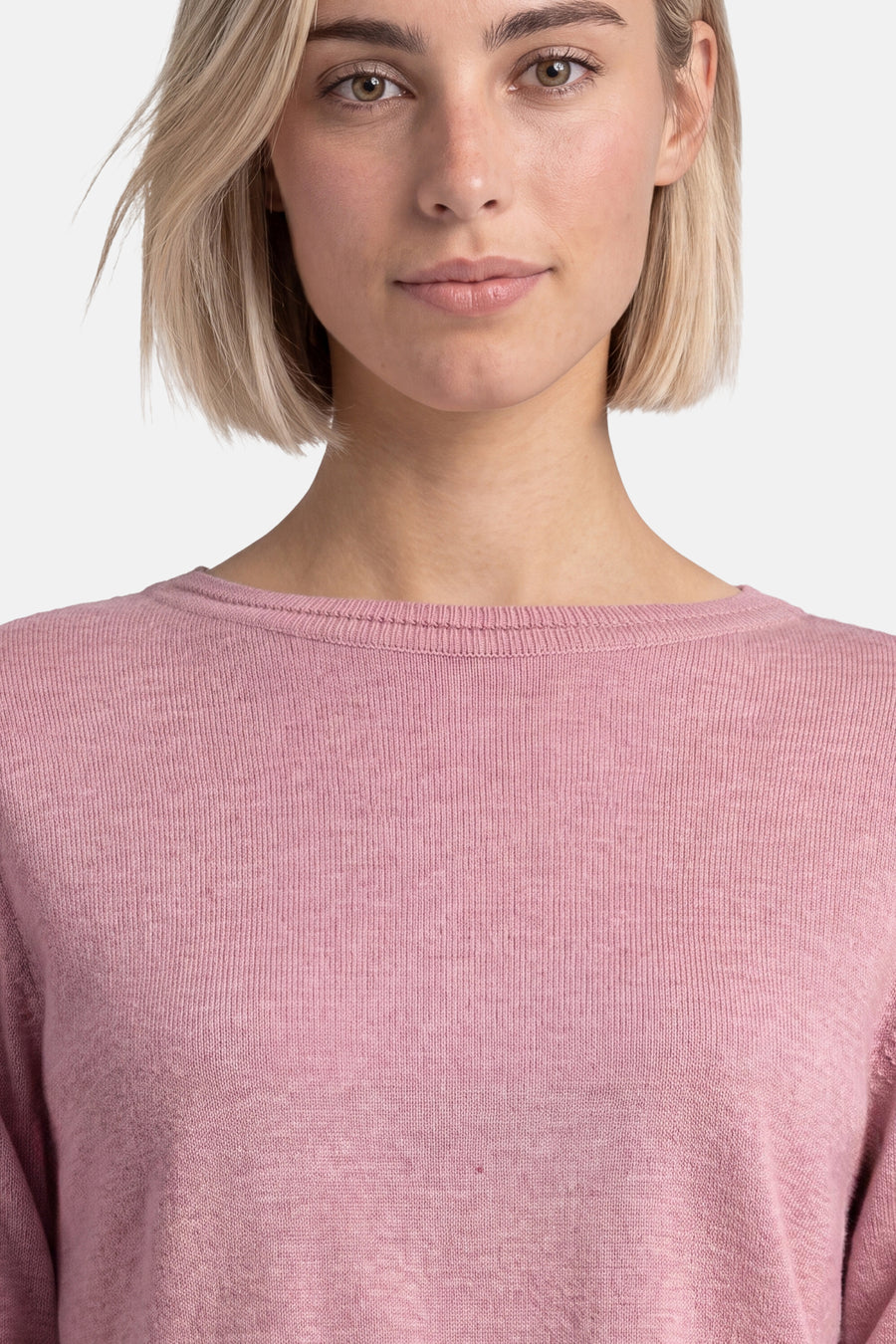 Rose pink crewneck sweater by STREET ONE, soft ribbed knit texture, close-up front view on model