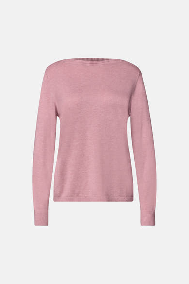 Soft pink round-neck sweater by STREET ONE, featuring fine ribbed cuffs and hem, front view.