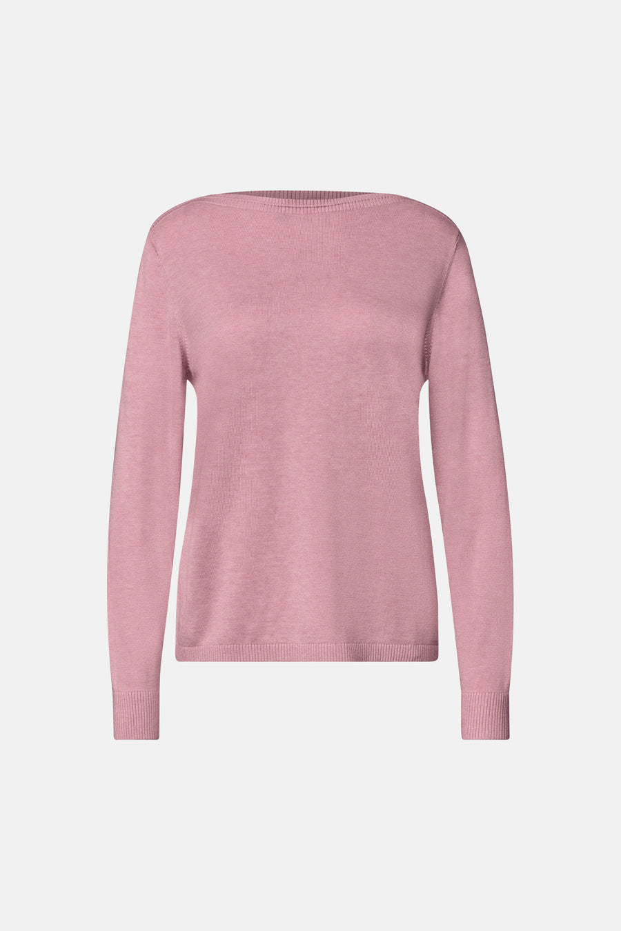 Soft pink round-neck sweater by STREET ONE, featuring fine ribbed cuffs and hem, front view.