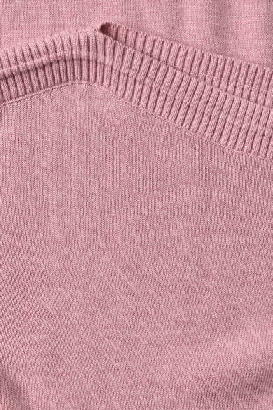 Pink round-neck sweater by STREET ONE, close-up showing ribbed neckline and fine knit texture
