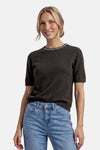 Brown short-sleeve crewneck sweater by STREET ONE with white ribbed trim, worn with light blue jeans, front view