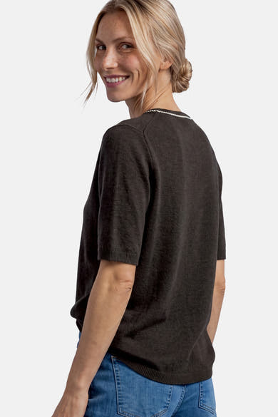 Brown round-neck sweater by STREET ONE, featuring ribbed trim and short sleeves, shown in side view on model with blue jeans.