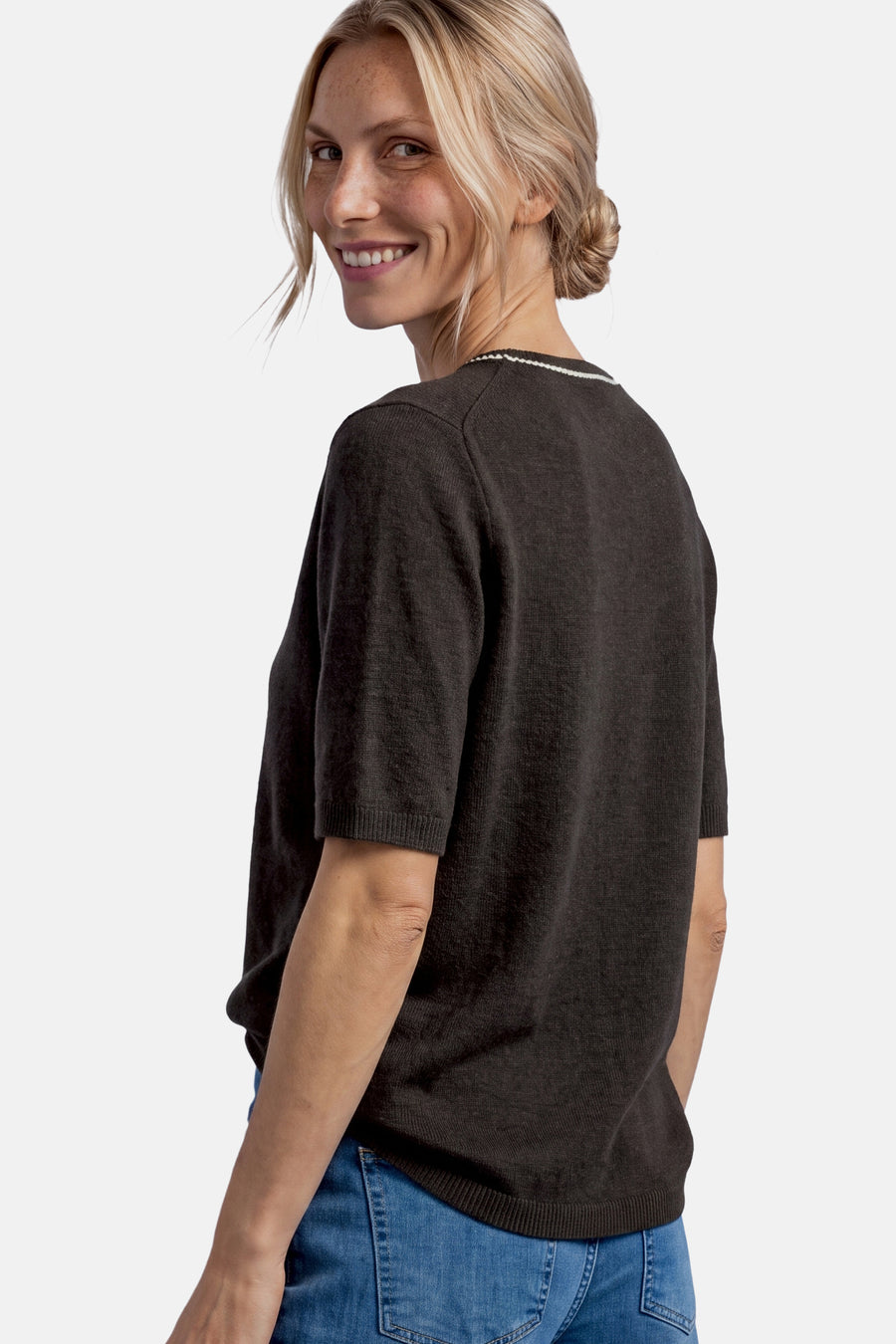 Brown round-neck sweater by STREET ONE, featuring ribbed trim and short sleeves, shown in side view on model with blue jeans.