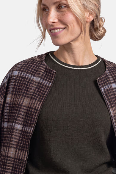 Brown crewneck sweater with white trim collar by STREET ONE, worn under plaid jacket, close-up front view
