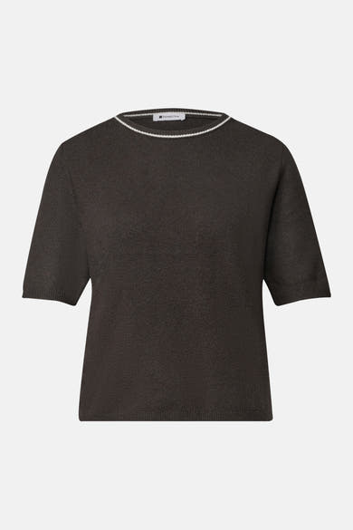 Brown short-sleeve ribbed knit sweater with white trim neckline by STREET ONE, front view